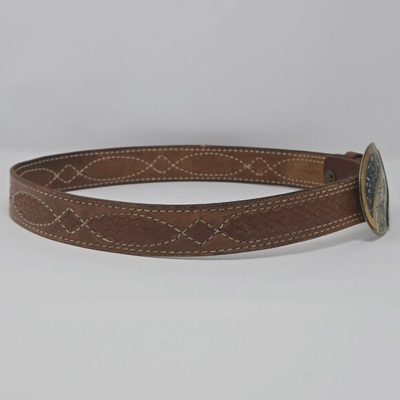 Triple K Tooled Leather Belt with German Silver and Turquoise Western Buckle 34 - Picture 6 of 13